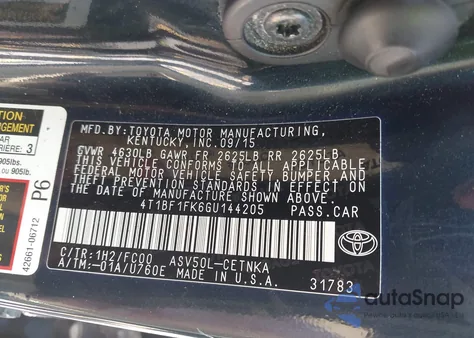 2016 Toyota Camry Le z USA, uszkodzony, nr VIN 4T1BF1FK6GU144205